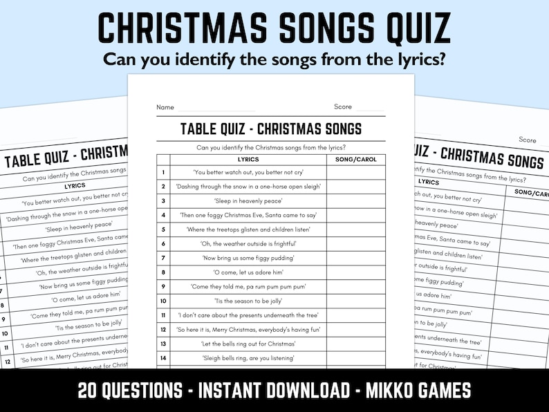 Printable Christmas Songs Table Quiz With Answers: Downloadable Pub
