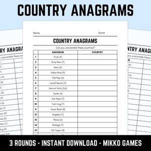 May include: A printable game sheet titled "Country Anagrams" with a black header and white paper. The sheet features a table with anagrams and space to unscramble country names. The text "3 Rounds - Instant Download - Mikko Games" is at the bottom.