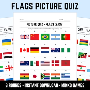 Printable Flags Picture Quiz With Answers: Picture Round Quiz Sheets, Pub Quiz Trivia, Downloadable Table Quiz, Fun Geography Quiz