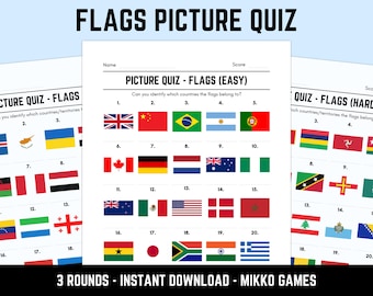 Printable Flags Picture Quiz With Answers: Picture Round Quiz Sheets, Pub Quiz Trivia, Downloadable Table Quiz, Fun Geography Quiz
