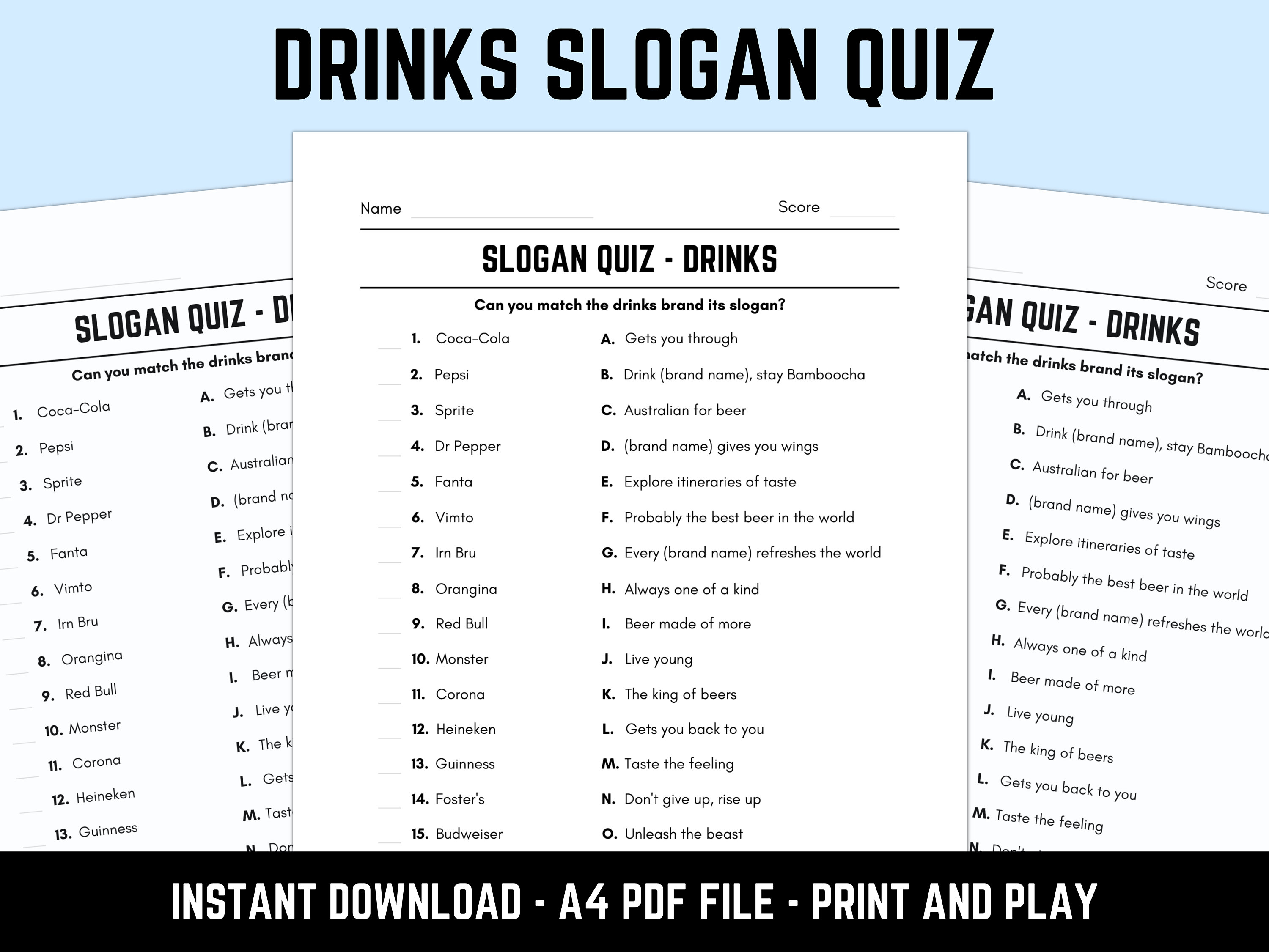 Printable Drinks Slogan Match up Quiz With Answers - Etsy