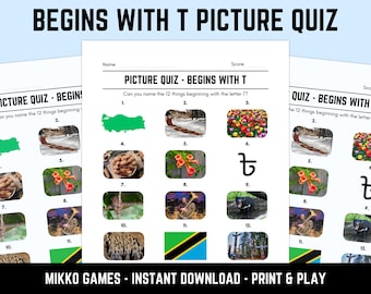 Printable Begins With T Picture Quiz With Answers: Picture Round Quiz Sheets, Pub Quiz Trivia, Downloadable Table Quiz, Fun Ready-Made Quiz