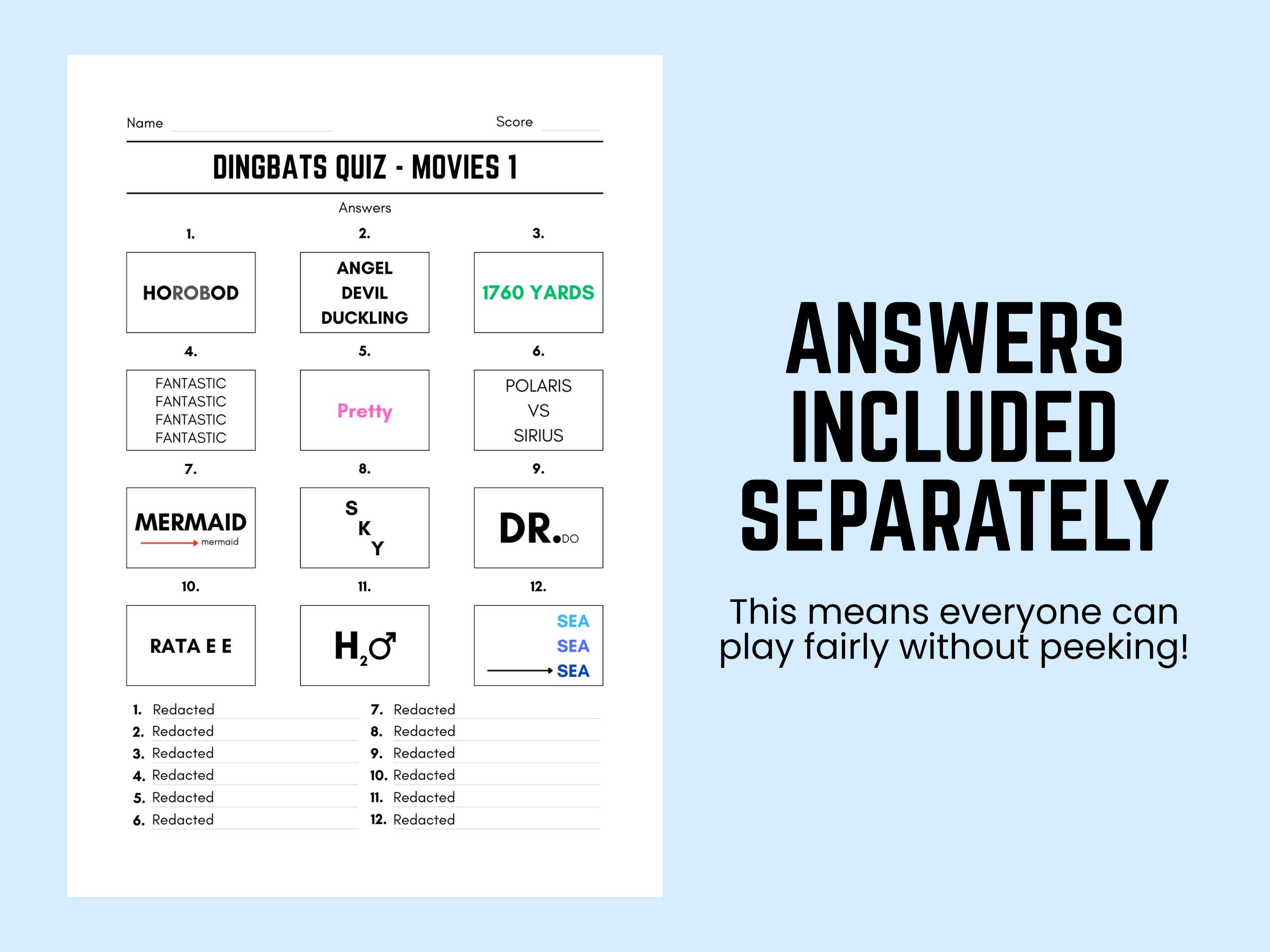 Printable Movies Dingbats Picture Quiz With Answers: Downloadable Rebus