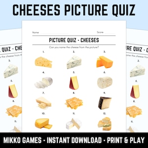 Printable Cheeses Picture Quiz With Answers: Picture Round Quiz Sheets, Pub Quiz Trivia, Downloadable Table Quiz, Fun Food Quiz