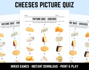 Printable Cheeses Picture Quiz With Answers: Picture Round Quiz Sheets, Pub Quiz Trivia, Downloadable Table Quiz, Fun Food Quiz