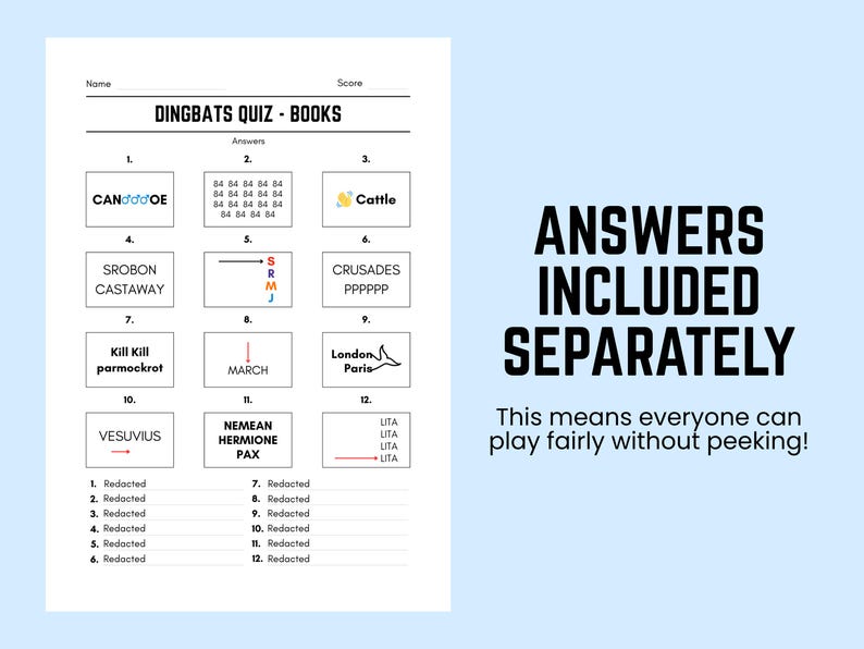 Printable Books Dingbats Picture Quiz With Answers: Downloadable Rebus