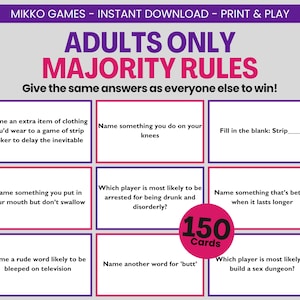 Puede incluir: Un juego de cartas titulado "ADULTS ONLY MAJORITY RULES" con preguntas y avisos. Las cartas son moradas y rosas, con el texto "150 Cartas" en un círculo rosa. El juego está diseñado para adultos.