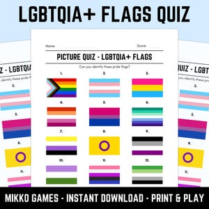 May include: A printable LGBTQIA+ flags picture quiz on white paper. The document features the title LGBTQIA+ FLAGS QUIZ, a name and score line, and a grid of twelve numbered pride flags with the question Can you identify these pride flags?