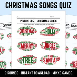 May include: A Christmas Songs Quiz printable, with the title "Christmas Songs Quiz" at the top. The quiz features word puzzles with song titles like "Jingle Bells" and "Santa Claus" in red and green. The text "2 ROUNDS - INSTANT DOWNLOAD - MIKKO GAMES" is at the bottom.