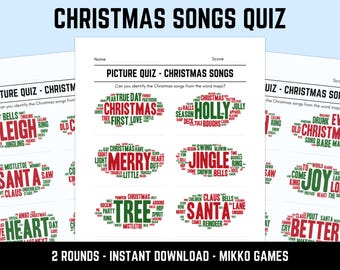 Printable Christmas Songs Picture Quiz With Answers: Picture Round Quiz Sheets, Pub Quiz Trivia, Downloadable Table Quiz, Xmas Music Quiz