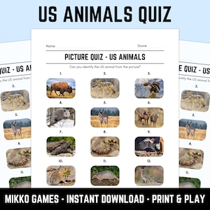 May include: A printable US Animals Quiz worksheet featuring the title US ANIMALS QUIZ and PICTURE QUIZ - US ANIMALS. The page includes twelve numbered boxes, each containing a photograph of a different North American animal for identification.