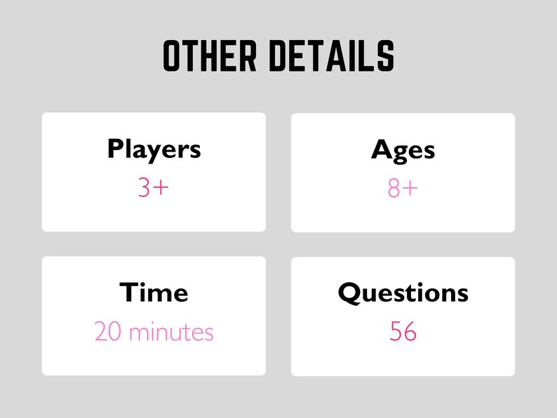 Mother's Day Friendly Feud Other Details:
- Players: 3+
- Ages: 8+
- Time: 20 minutes
- Questions: 56