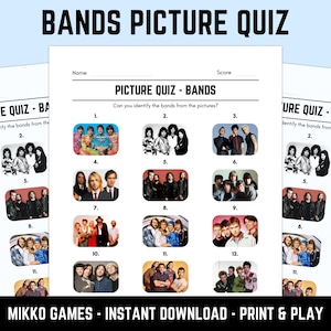 Printable Bands Picture Quiz With Answers: Picture Round Quiz Sheets, Pub Quiz Trivia, Downloadable Table Quiz, Fun Music Quiz