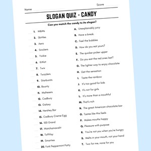 Printable Candy Slogan Match up Quiz With Answers - Etsy