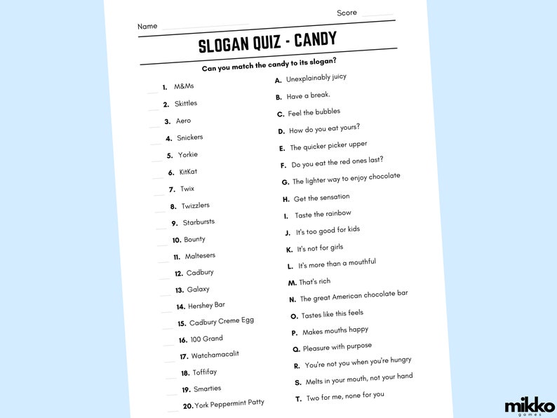 Printable Candy Slogan Match up Quiz With Answers Etsy