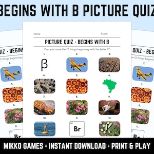 Printable Begins With B Picture Quiz With Answers: Picture Round Quiz Sheets, Pub Quiz Trivia, Downloadable Table Quiz, Fun Ready-Made Quiz