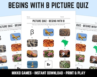 Printable Begins With B Picture Quiz With Answers: Picture Round Quiz Sheets, Pub Quiz Trivia, Downloadable Table Quiz, Fun Ready-Made Quiz