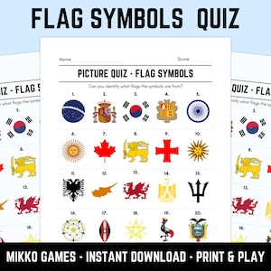 May include: A printable quiz sheet titled FLAG SYMBOLS QUIZ and PICTURE QUIZ - FLAG SYMBOLS. The document features twenty numbered circular and square icons representing various national symbols, including flags, emblems, and crests in colours.