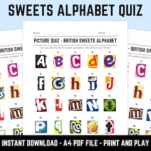 Printable British Sweets Alphabet Picture Quiz: Downloadable Pub Quiz Trivia Sheets With Answers