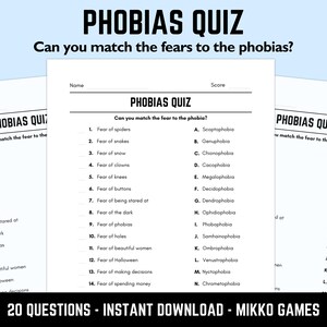Printable Phobias Match Up Quiz: Downloadable Table Quiz, Pub Quiz Sheets, Trivia Questions, Fun Ready-Made Halloween Quiz