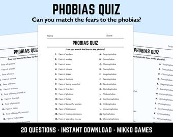 Printable Phobias Match Up Quiz: Downloadable Table Quiz, Pub Quiz Sheets, Trivia Questions, Fun Ready-Made Halloween Quiz
