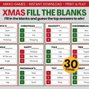 Weihnachten füllt die Lücken - Druckbares Weihnachtsparty-Spiel | Herunterladbares Blankety Blank Super Match-Spiel für Erwachsene und Kinder, lustiges Gruppenspiel