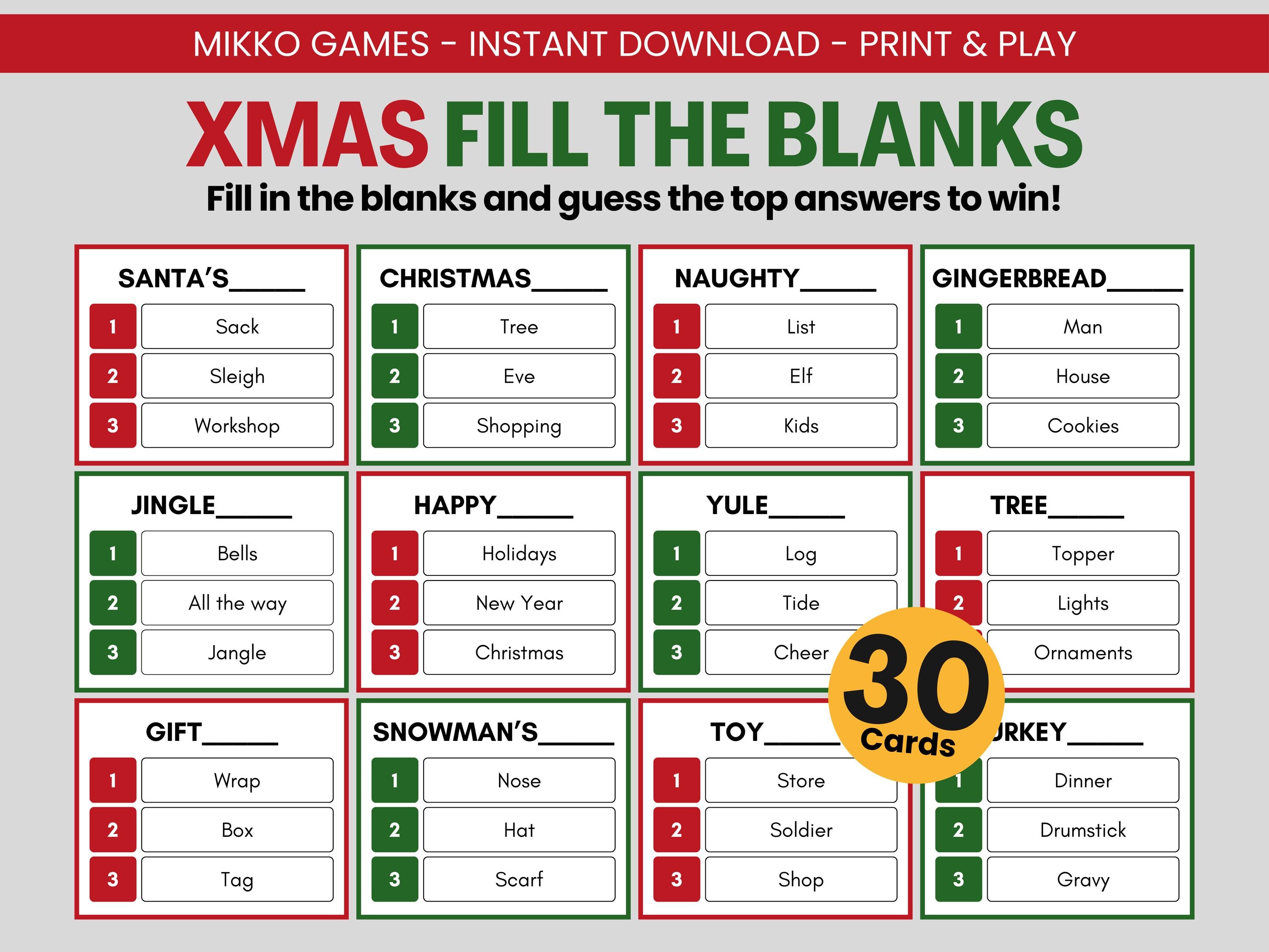 xmas fill the blanks: printable large group party game for kids & adults, blankety blank super match game for christmas parties