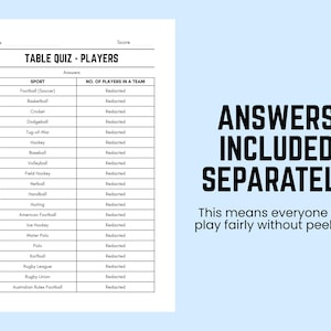 Printable Players Table Quiz With Answers: Downloadable Pub Quiz Sheets ...