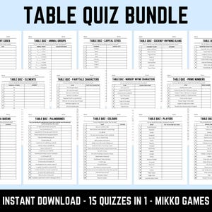 Pode incluir: Um pacote de 15 questionários de mesa imprimíveis com vários temas, incluindo códigos de aeroporto, grupos de animais, capitais e termos desportivos. Os questionários são a preto e branco e apresentam perguntas de preenchimento. O título "TABLE QUIZ BUNDLE" está no topo.