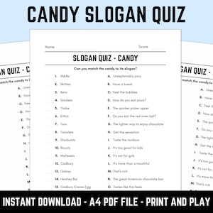 Printable Candy Slogan Match UpQuiz: Downloadable Table Quiz, Pub Quiz Sheets, Trivia Questions, Fun Ready Made Sweets Quiz