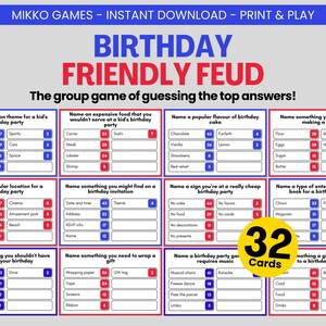 Birthday Friendly Feud: Printable Large Group Party Game for Kids & Adults, Family Feud Trivia Questions and Cards for Birthday Parties