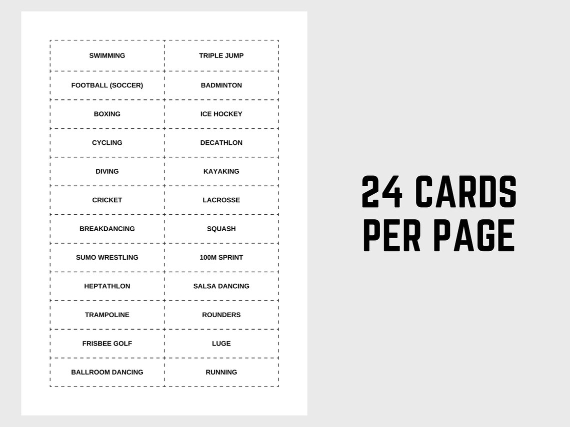 Sports Charades Printable Party Game Downloadable Sports Charades Cards ...
