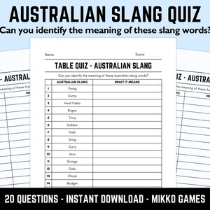 Printable Australian Slang Table Quiz With Answers: Downloadable Pub Quiz Sheets, Trivia Questions, Fun Ready-Made Sayings Quiz