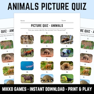 Printable Animals Picture Quiz With Answers: Picture Round Quiz Sheets, Pub Quiz Trivia, Downloadable Table Quiz, Fun Nature Quiz