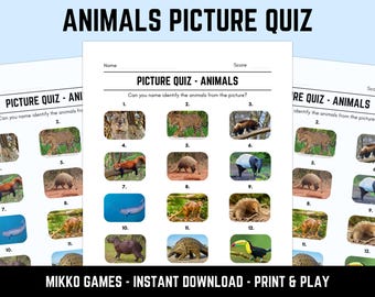 Printable Animals Picture Quiz With Answers: Picture Round Quiz Sheets, Pub Quiz Trivia, Downloadable Table Quiz, Fun Nature Quiz