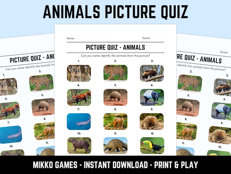 Printable Animals Picture Quiz With Answers: Picture Round Quiz Sheets ...