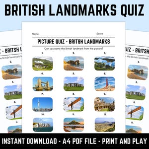 Afdrukbare fotoquiz met antwoorden over Britse bezienswaardigheden | Fotoronde quizbladen, pubquiztrivia, downloadbare tafelquiz
