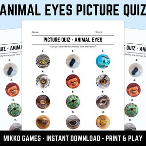 以下が含まれることがあります： 印刷可能な「Animal Eyes Picture Quiz」ゲームシート。クイズには、12種類の動物の目のクローズアップ写真が掲載されています。タイトルは「ANIMAL EYES PICTURE QUIZ」です。画像の下部には「MIKKO GAMES - INSTANT DOWNLOAD - PRINT & PLAY」と書かれています。