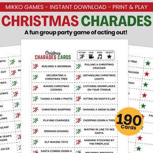 Charadas de Natal – Jogo de Festa de Natal para Imprimir | Cartões de Charadas de Natal para Baixar, Jogo Divertido para Grupos de Crianças e Adultos, Noite de Jogos em Família