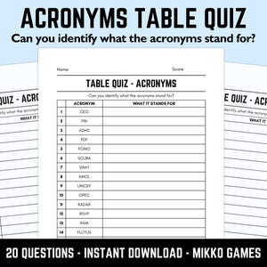 May include: A white paper quiz titled "ACRONYMS TABLE QUIZ" with the prompt "Can you identify what the acronyms stand for?" The quiz includes a table with acronyms like CEO, PIN, and ADHD, with space to write the definitions. The bottom text reads "20 QUESTIONS - INSTANT DOWNLOAD - MIKKO GAMES".