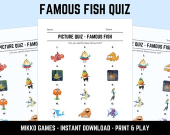 Printable Famous Fish Picture Quiz With Answers: Picture Round Quiz Sheets, Pub Quiz Trivia, Downloadable Table Quiz, Fun Animals Quiz