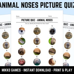 May include: A printable quiz titled "ANIMAL NOSES PICTURE QUIZ" with multiple choice questions. The quiz features images of animal noses for identification. The text "MIKKO GAMES - INSTANT DOWNLOAD - PRINT & PLAY" is at the bottom.