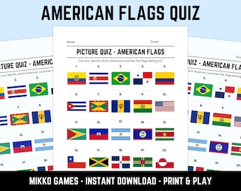 Printable American Flags Picture Quiz With Answers: Picture Round Quiz Sheets, Pub Quiz Trivia, Downloadable Table Quiz, Fun Geography Quiz
