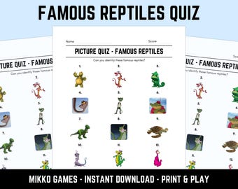 Printable Famous Reptiles Picture Quiz With Answers: Picture Round Quiz Sheets, Pub Quiz Trivia, Downloadable Table Quiz, Fun Animals Quiz