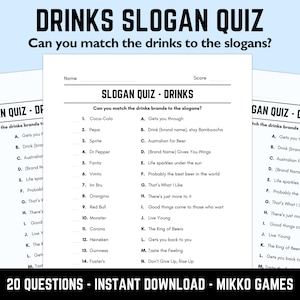 Printable Drinks Slogan Match Up Quiz: Downloadable Table Quiz, Pub Quiz Sheets, Trivia Questions, Fun Ready-Made Beverages Quiz