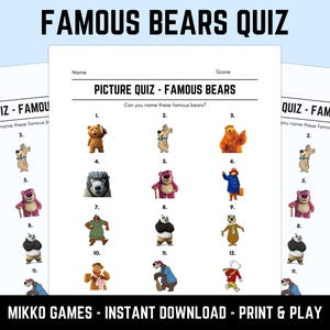 Printable Famous Bears Picture Quiz With Answers: Picture Round Quiz Sheets, Pub Quiz Trivia, Downloadable Table Quiz, Fun Animals Quiz