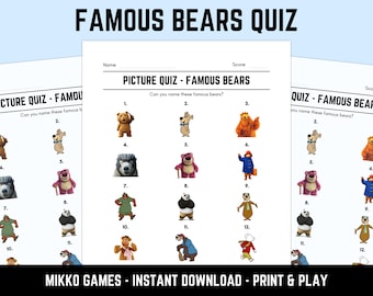 Printable Famous Bears Picture Quiz With Answers: Picture Round Quiz Sheets, Pub Quiz Trivia, Downloadable Table Quiz, Fun Animals Quiz