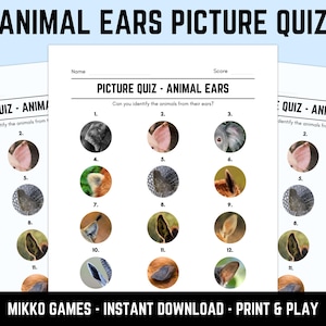 Puede incluir: Un cuestionario de imágenes imprimible de orejas de animales. El cuestionario presenta una cuadrícula de imágenes de orejas de animales, numeradas del 1 al 12, para su identificación. El título "ANIMAL EARS PICTURE QUIZ" está en la parte superior. El texto inferior dice "MIKKO GAMES - INSTANT DOWNLOAD - PRINT & PLAY".