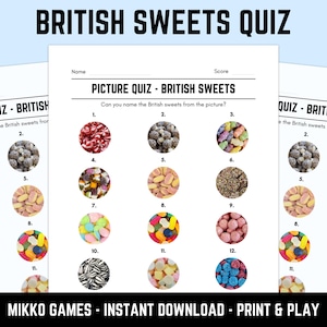 Printable British Sweets Picture Quiz With Answers: Picture Round Quiz Sheets, Pub Quiz Trivia, Downloadable Table Quiz, Fun Candy Quiz
