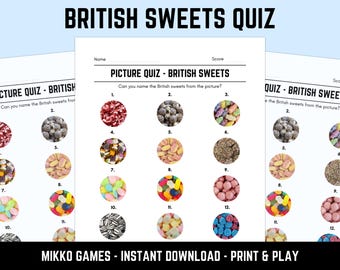 Printable British Sweets Picture Quiz With Answers: Picture Round Quiz Sheets, Pub Quiz Trivia, Downloadable Table Quiz, Fun Candy Quiz